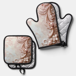 Pink Ornate Pearl and Floral Oven Mitt & Pot Holder Set