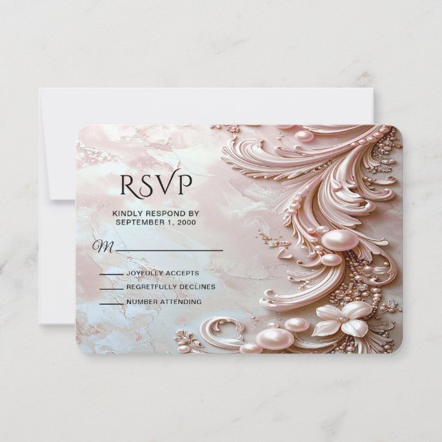 Pink Ornate Pearl and Floral RSVP Card (Front)