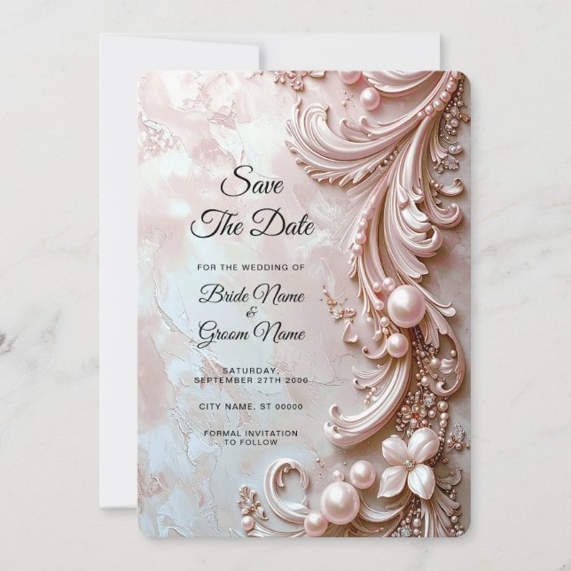 Pink Ornate Pearl and Floral Save the Date (Front)