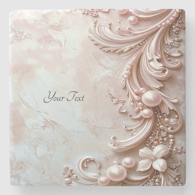 Pink Ornate Pearl and Floral Stone Coaster (Front)