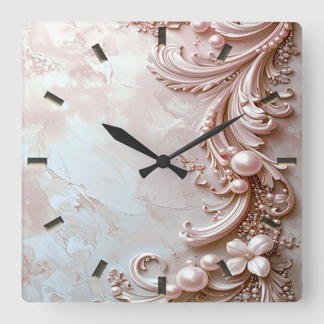 Pink Ornate Pearl and Floral Wall Clock (Front)