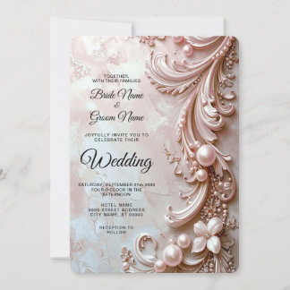 Pink Ornate Pearl and Floral Wedding Invitation