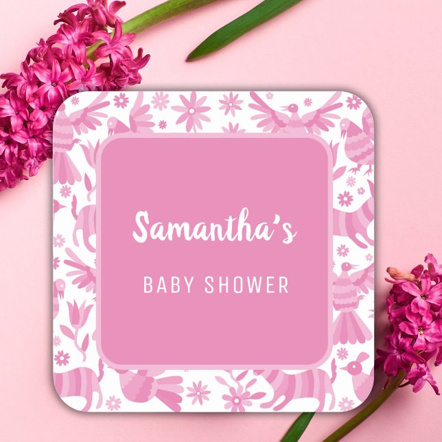 Pink otomi mexican baby shower Paper Plate Square Sticker (Creator Uploaded)