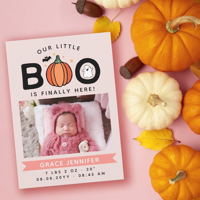 Pink Our Little Boo Finally Here Halloween Baby Announcement (Creator Uploaded)