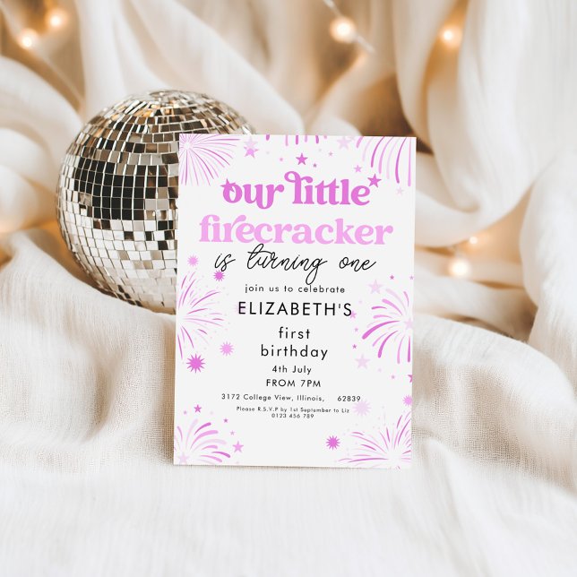 Pink Our Little Firecracker 1st Birthday Invitation (Creator Uploaded)
