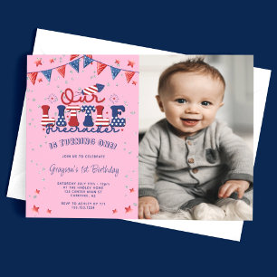 Pink Our Little Firecracker 1st Birthday Photo Invitation