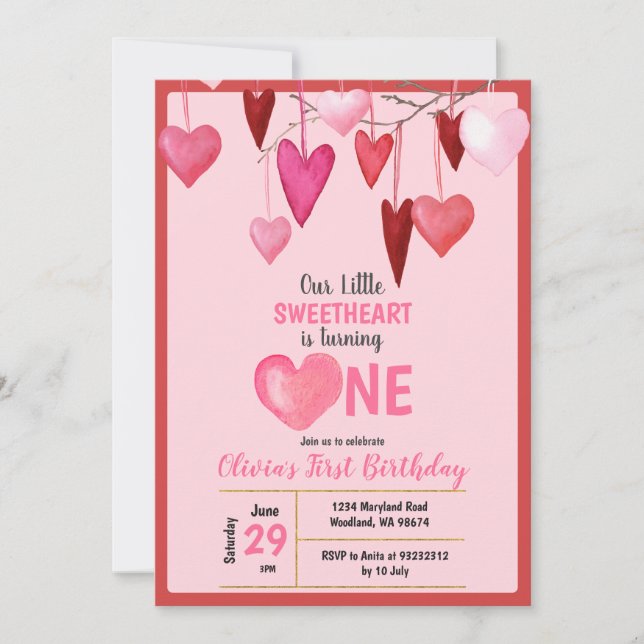 Pink Our Little Sweetheart Valentine Birthday  Invitation (Front)