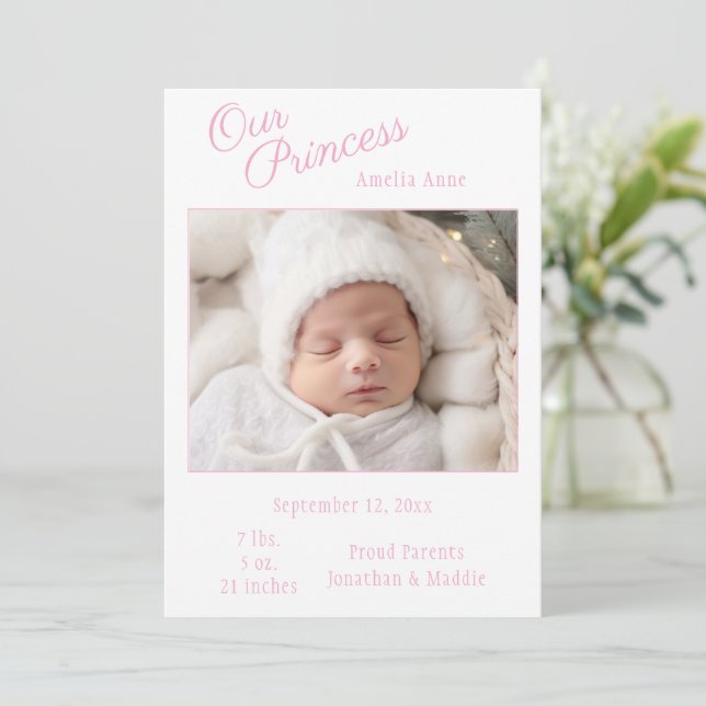 Pink Our Princess Photo Baby Birth Announcement (Standing Front)