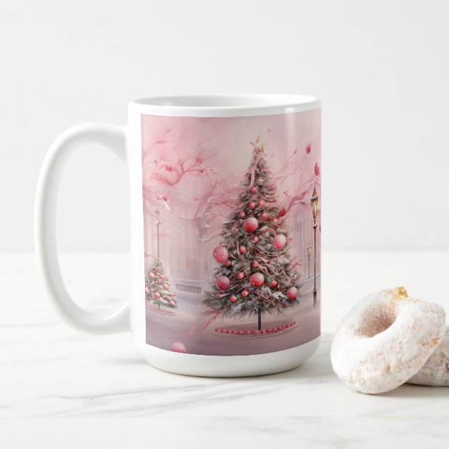 Pink Outdoor Christmas Scene Coffee Mug (With Donut)