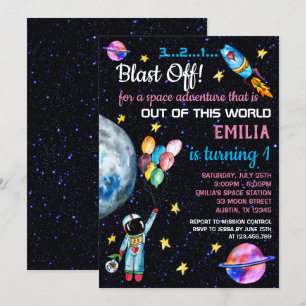 Pink Outer Space Astronaut Rainbow Balloons Rocket Invitation