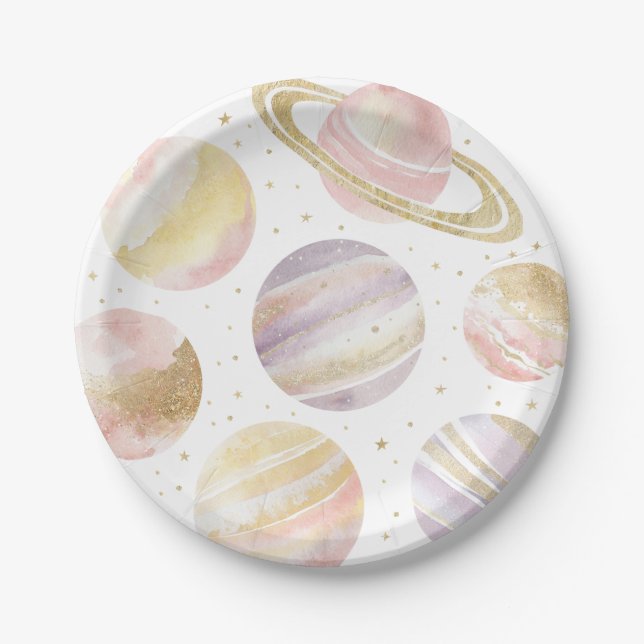 Pink Outer Space Birthday Party Paper Plate (Front)