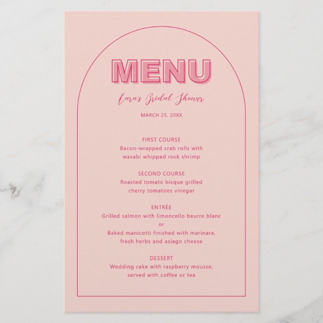 Pink Outline Bold Type Bridal Shower menu card (Front)