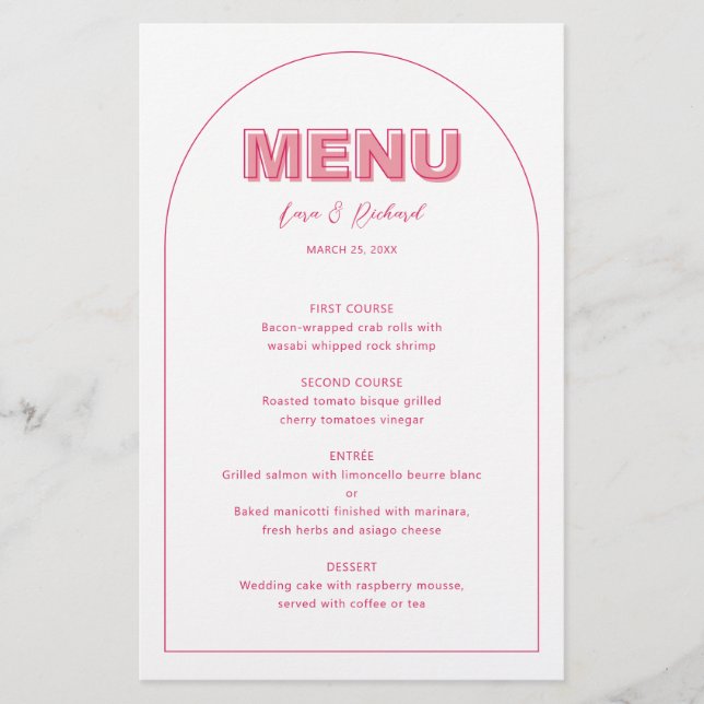 Pink Outline Bold Type Wedding menu card (Front)