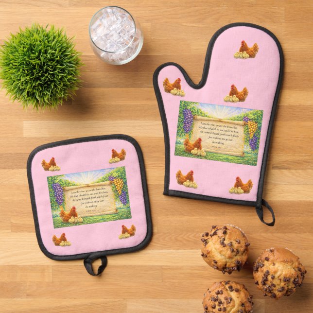 Pink Oven Mitt & Pot Holder Set with Bible Verse (Top Down)