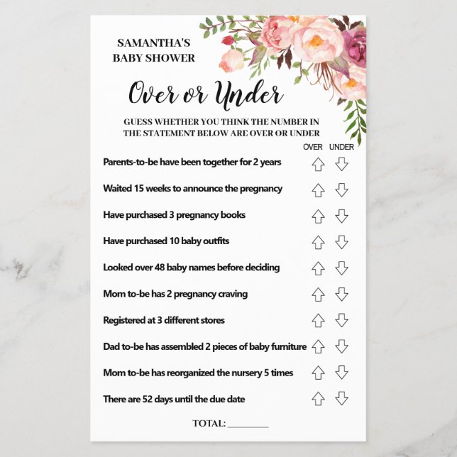 Pink Over or under baby shower bilingual game card (Front)