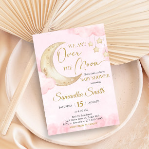 Pink Over the Moon Baby Shower  Invitation