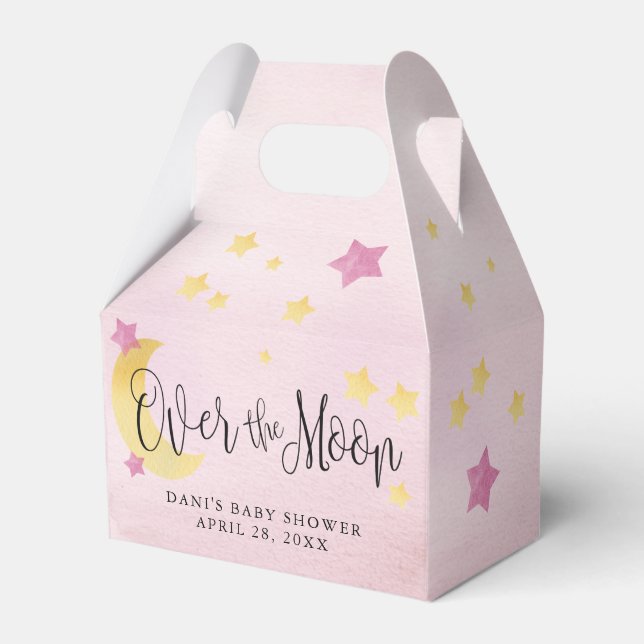 Pink Over the Moon, Baby Shower Moon Stars Favor Box (Front Side)