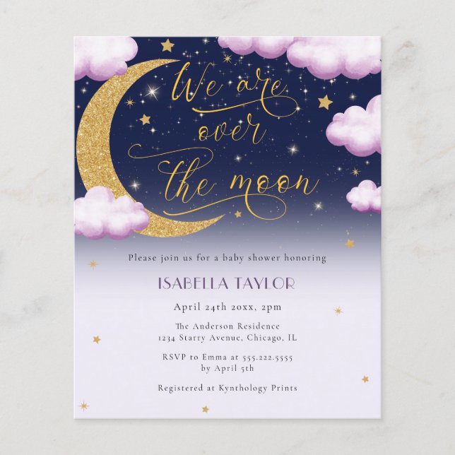 Pink Over the Moon Girl Baby Shower Flyer (Front)
