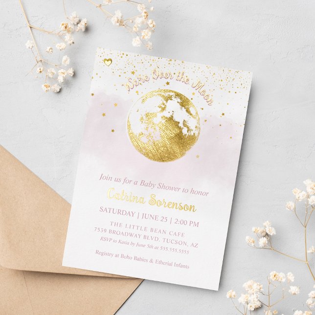 Pink Over the Moon Gold Celestial Girl Baby Shower (Pink and Gold Foil Over the Moon Baby Shower Invitation)