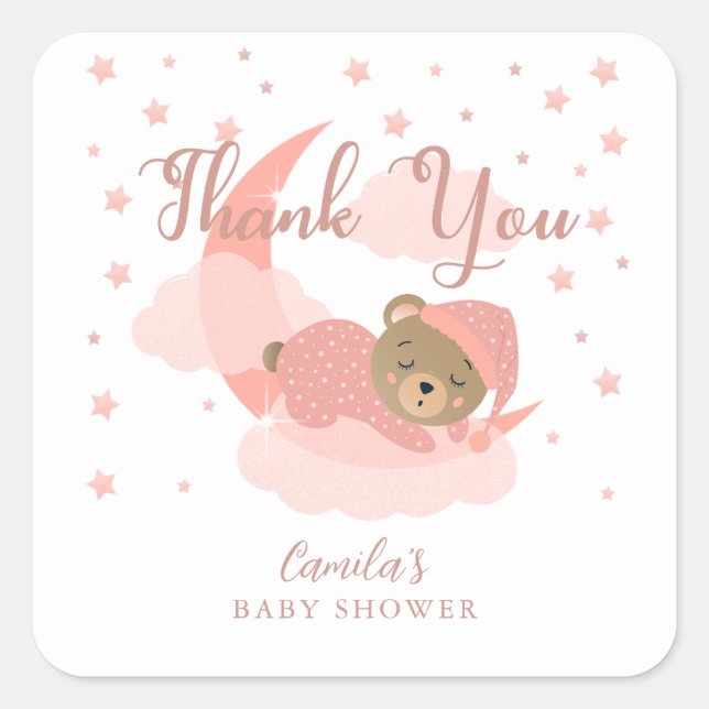 Pink Over The Moon Sleeping Bear Thank You Square Sticker (Front)