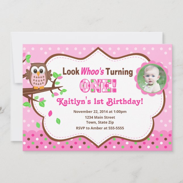 Pink Owl 1st Birthday Invitation 5x7 Photo Card (Front)