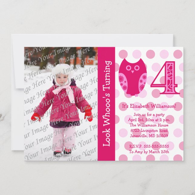 Pink Owl 4th Birthday Party Photo Invitations (Front)