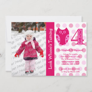Pink Owl 4th Birthday Party Photo Invitations