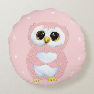Pink Owl and Stars on Light Pink Round Pillow