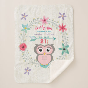 Pink Owl Baby Girl Stats Watercolor Wreath Sherpa Blanket