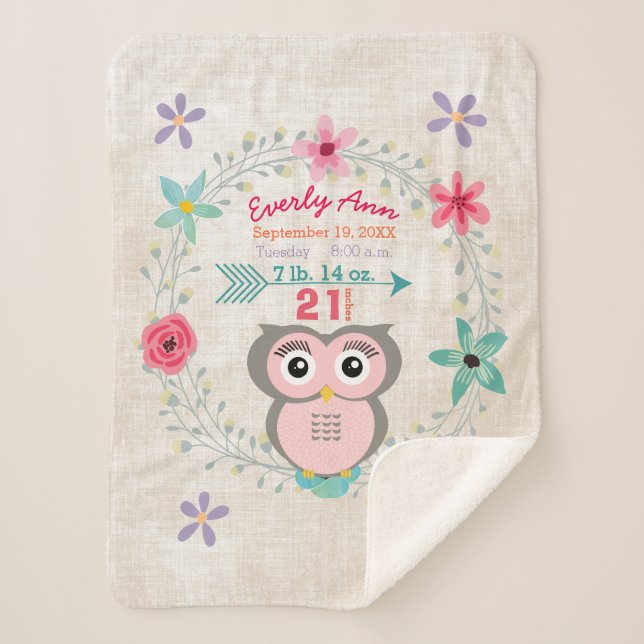 Pink Owl Baby Girl Stats Watercolor Wreath Sherpa Blanket (Front)