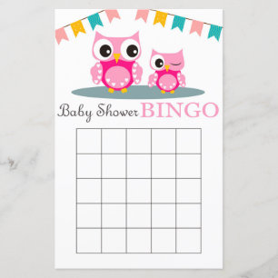 Pink Owl baby shower bingo card