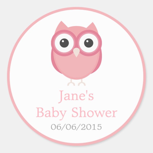 Pink owl baby shower stickers (Front)