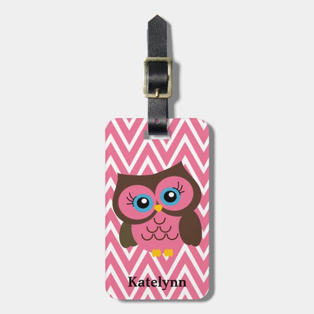 Pink Owl Chevron Custom Monogram Luggage Tag (Front Vertical)