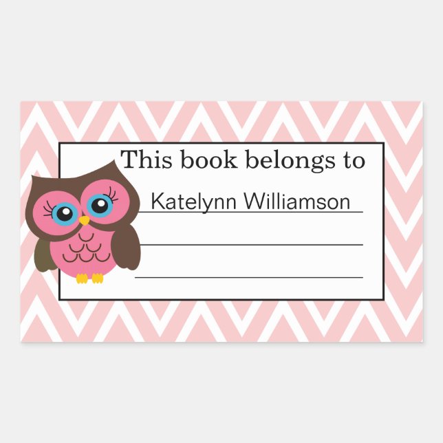 Pink Owl & Chevron Custom Personalized Bookplate Sticker (Front)