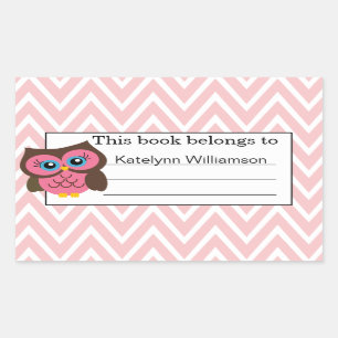 Pink Owl & Chevron Custom Personalized Bookplate Sticker