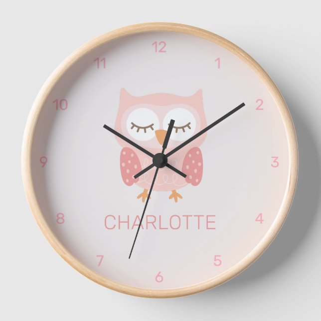 Pink owl, cute & whimsical customized clock (Front)