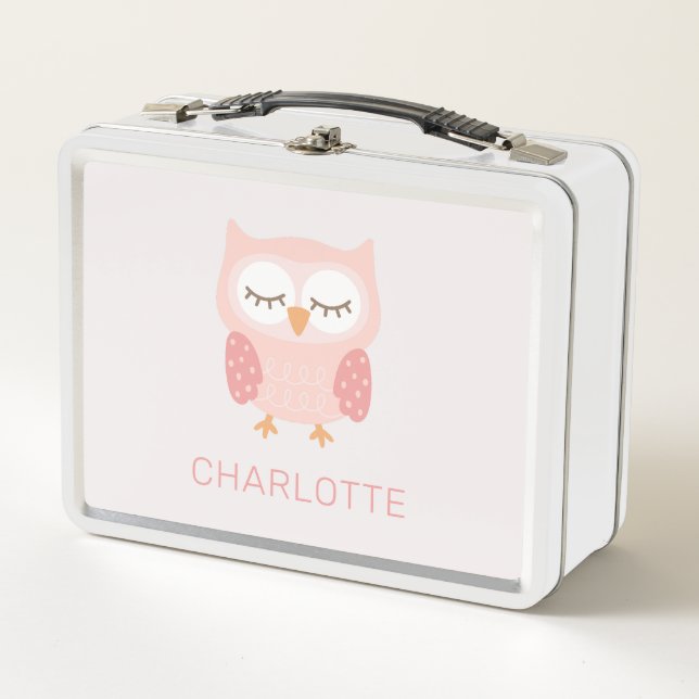 'Pink Owl', cute & whimsical customized girls Metal Lunch Box (Front)