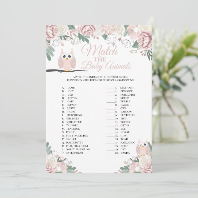 Pink Owl Floral Match The Baby Animals Game Card (Standing Front)