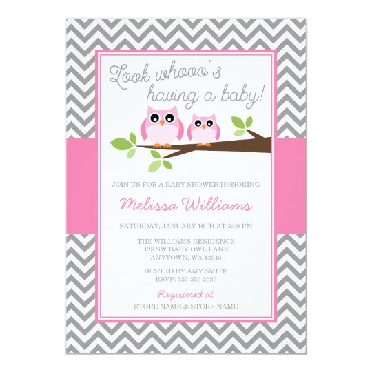 Pink Owl Grey Chevron Girl Baby Shower Card