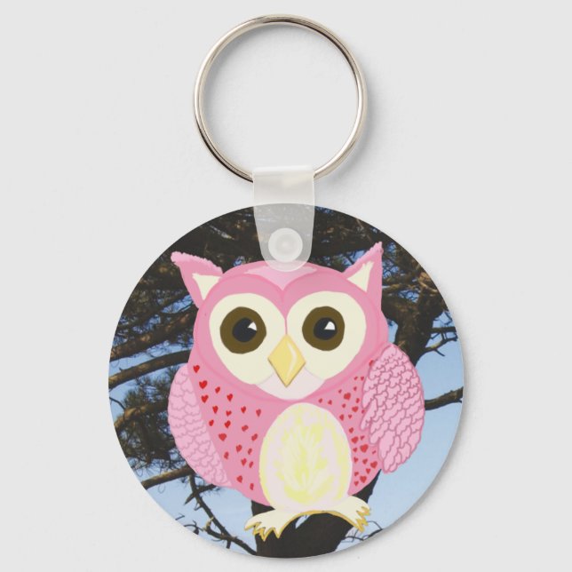 Pink Owl in a Tree Keychain (Front)