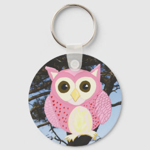 Pink Owl in a Tree Keychain