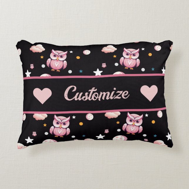 Pink Owl Moonlight Pattern Accent Pillow (Front)