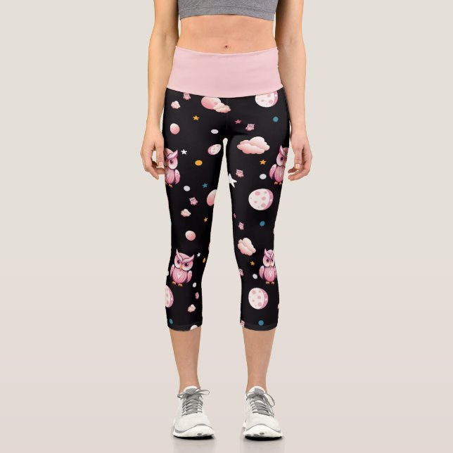 Pink Owl Moonlight Pattern Capri Leggings (Front)