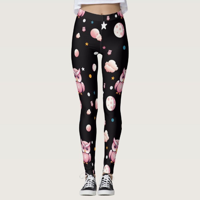 Pink Owl Moonlight Pattern Leggings (Front)