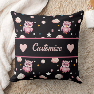 Pink Owl Moonlight Pattern Throw Pillow