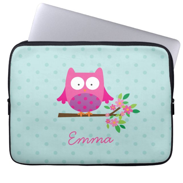 Pink Owl on a Branch Personalized Laptop Sleeve (Front)