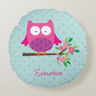 Pink Owl on a Branch Personalized Round Pillow