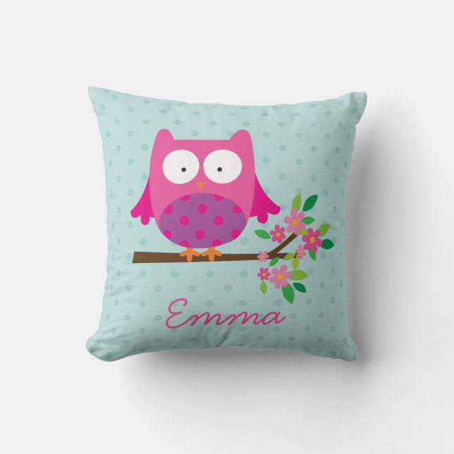 Pink Owl on a Branch Personalized Throw Pillow (Front)