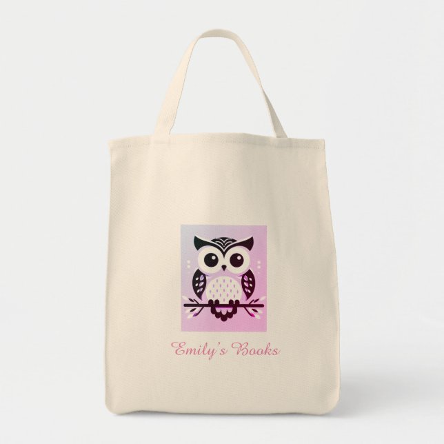 Pink owl on branche personalized library book to t tote bag (Front)