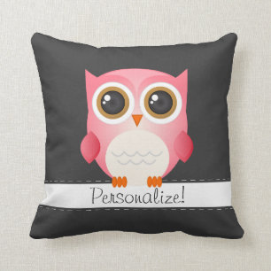 Pink Owl on Dark Grey Pillow, Personalize it! Throw Pillow